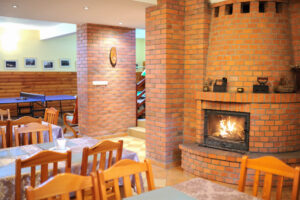 Przytulny salon z kominkiem i ceglaną ścianą w Agroturystyce Zagaje koło Kazimierza Dolnego